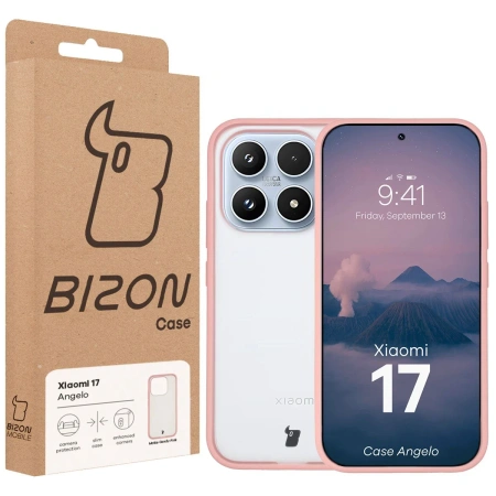 Etui Bizon Case Angelo do Xiaomi 17, półprzezroczyste z jasnoróżową ramką