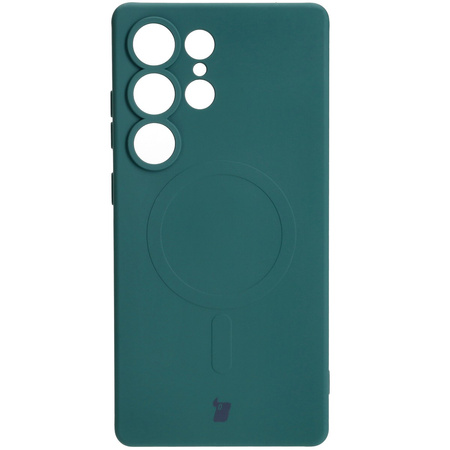 Silikonowe etui z pierścieniem magnetycznym Bizon Case Silicone Magnetic do Galaxy S25 Ultra, ciemnozielone