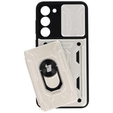 Etui Bizon Case Camshield Card Slot Ring do Galaxy S23 Plus, białe