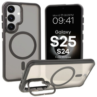 Etui z podstawką i pierścieniem magnetycznym Bizon Case Eclipse do Galaxy S25, przydymione z czarną ramką