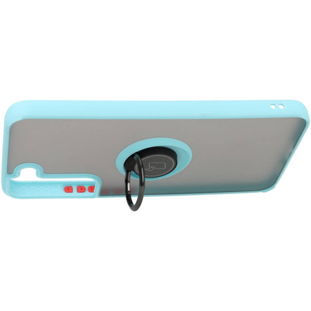 Etui z uchwytem na palec Bizon Case Hybrid Ring do Galaxy S22 Plus, przydymione z jasnoniebieską ramką