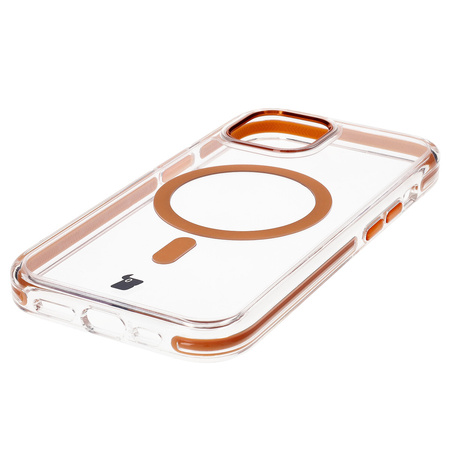 Etui z pierścieniem magnetycznym Bizon Case Marco do iPhone 15, przezroczyste z pomarańczową ramką