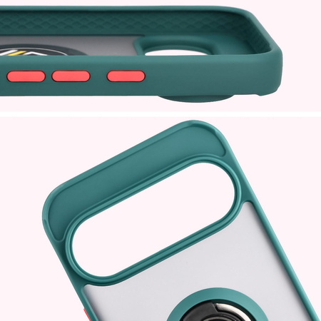 Etui z uchwytem na palec Bizon Case Hybrid Ring do Google Pixel 10 / 10 Pro, przydymione z ciemnozieloną ramką