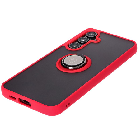 Etui z uchwytem na palec Bizon Case Hybrid Ring do Galaxy S24 FE, przydymione z czerwoną ramką