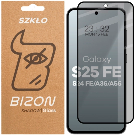 Prywatyzujące szkło hartowane Bizon Glass Edge Shadow do Galaxy S24 FE, przyciemniane z czarną ramką