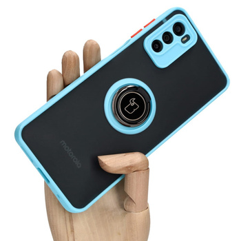 Etui z uchwytem na palec Bizon Case Hybrid Ring do Motorola Moto G42 , przydymione z jasnoniebieską ramką
