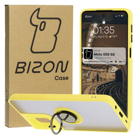 Etui z uchwytem na palec Bizon Case Hybrid Ring do Motorola Moto G55 5G, przydymione z żółtą ramką