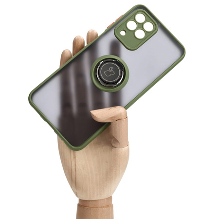 Etui z uchwytem na palec Bizon Case Hybrid Ring do Galaxy M33 5G, przydymione z zieloną ramką