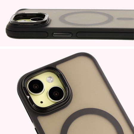 Etui z podstawką i pierścieniem magnetycznym Bizon Case Eclipse do iPhone 15, przydymione z czarną ramką