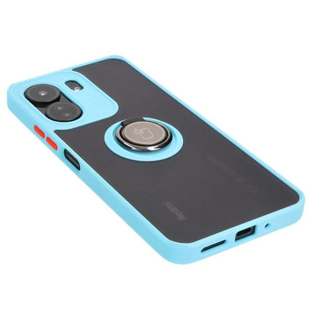 Etui z uchwytem na palec Bizon Case Hybrid Ring do Xiaomi Redmi 13C / Xiaomi Poco C65, przydymione z jasnoniebieską ramką