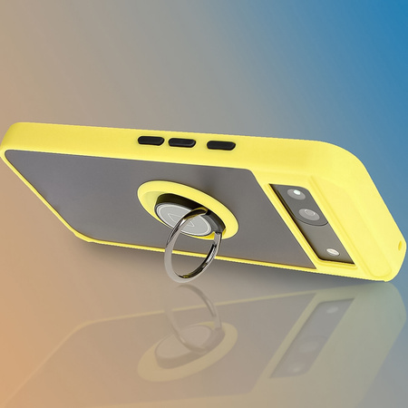 Etui z uchwytem na palec Bizon Case Hybrid Ring do Google Pixel 8a, przydymione z żółtą ramką