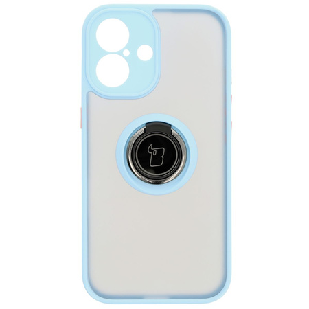 Etui z uchwytem na palec Bizon Case Hybrid Ring do iPhone 16, przydymione z jasnoniebieską ramką