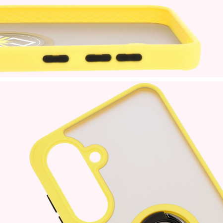 Etui z uchwytem na palec Bizon Case Hybrid Ring do Galaxy A36 5G / A56 5G, przydymione z żółtą ramką