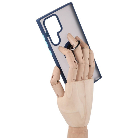 Etui z uchwytem na palec Bizon Case Hybrid Ring do Galaxy S22 Ultra, przydymione z granatową ramką