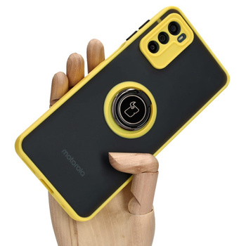 Etui z uchwytem na palec Bizon Case Hybrid Ring do Motorola Moto G42 , przydymione z żółtą ramką