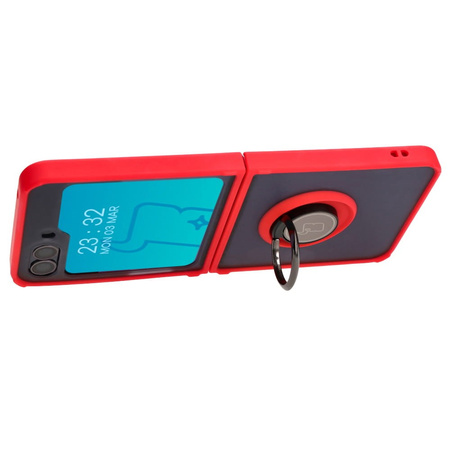 Etui z uchwytem na palec Bizon Case Hybrid Ring do Galaxy Z Flip5, przydymione z czerwoną ramką