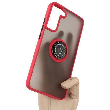 Etui z uchwytem na palec Bizon Case Hybrid Ring do Galaxy S22 Plus, przydymione z czerwoną ramką