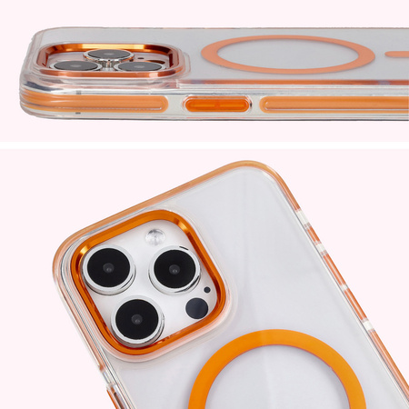 Etui z pierścieniem magnetycznym Bizon Case Marco do iPhone 15 Pro Max, przezroczyste z pomarańczową ramką