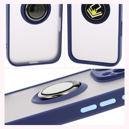 Etui z uchwytem na palec Bizon Case Hybrid Ring do iPhone 16 Pro, przydymione z granatową ramką