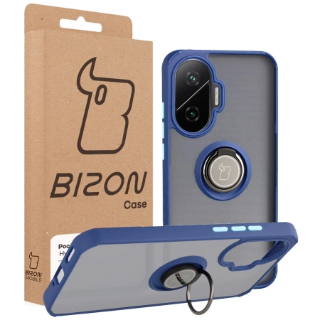 Etui z uchwytem na palec Bizon Case Hybrid Ring do Xiaomi POCO F7, przydymione z granatową ramką