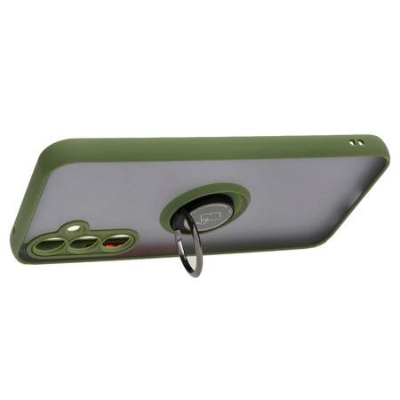 Etui z uchwytem na palec Bizon Case Hybrid Ring do Galaxy A54 5G, przydymione z zieloną ramką