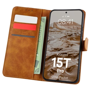 Etui z klapką Bizon Case Pocket do Xiaomi 15T Pro, brązowe