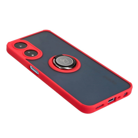 Etui z uchwytem na palec Bizon Case Hybrid Ring do Oppo A78 5G, przydymione z czerwoną ramką