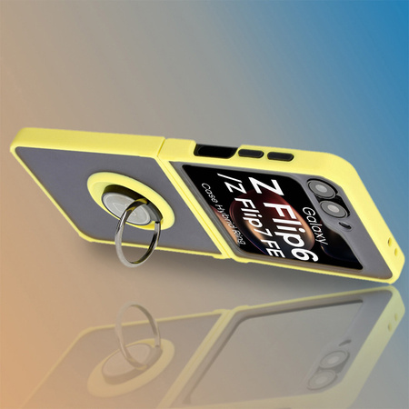 Etui z uchwytem na palec Bizon Case Hybrid Ring do Galaxy Z Flip6, przydymione z żółtą ramką