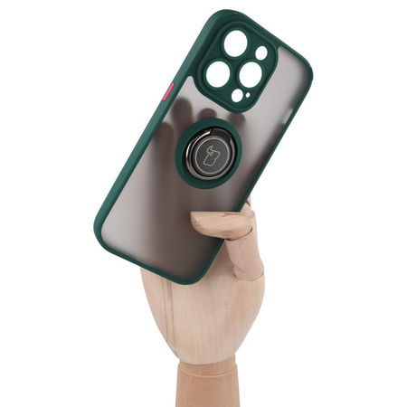 Etui z uchwytem na palec Bizon Case Hybrid Ring do iPhone 14 Pro, przydymione z ciemnozieloną ramką