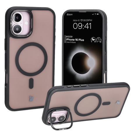 Etui z podstawką i pierścieniem magnetycznym Bizon Case Eclipse do iPhone 16 Plus,  przydymione z czarną ramką