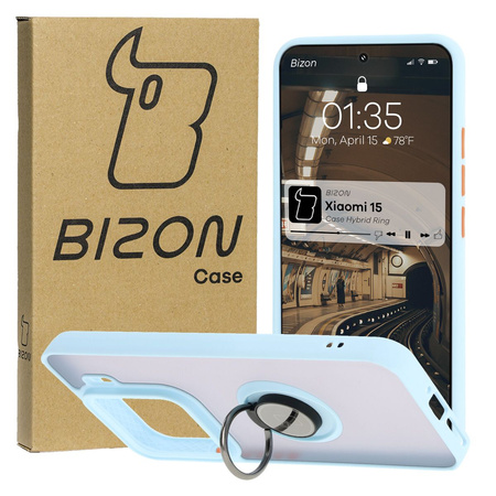 Etui z uchwytem na palec Bizon Case Hybrid Ring do Xiaomi 15, przydymione z jasnoniebieską ramką