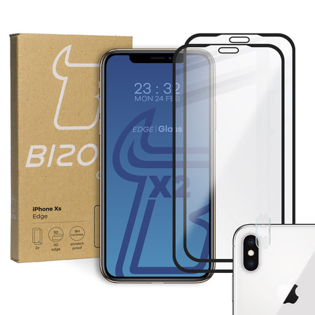 Szkło hartowane Bizon Glass Edge - 2 sztuki + ochrona na obiektyw, iPhone Xs / X, czarne