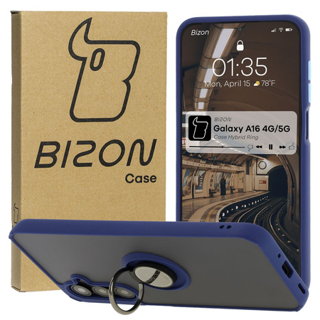 Etui z uchwytem na palec Bizon Case Hybrid Ring do Galaxy A16 4G/5G, przydymione z granatową ramką