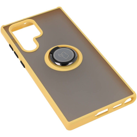 Etui z uchwytem na palec Bizon Case Hybrid Ring do Galaxy S22 Ultra, przydymione z żółtą ramką