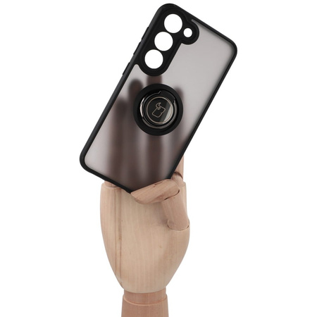 Etui z uchwytem na palec Bizon Case Hybrid Ring do Galaxy S23, przydymione z czarną ramką