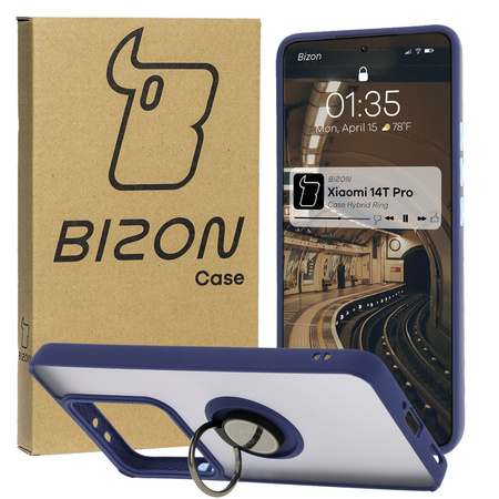 Etui z uchwytem na palec Bizon Case Hybrid Ring do Xiaomi 14T Pro, przydymione z granatową ramką