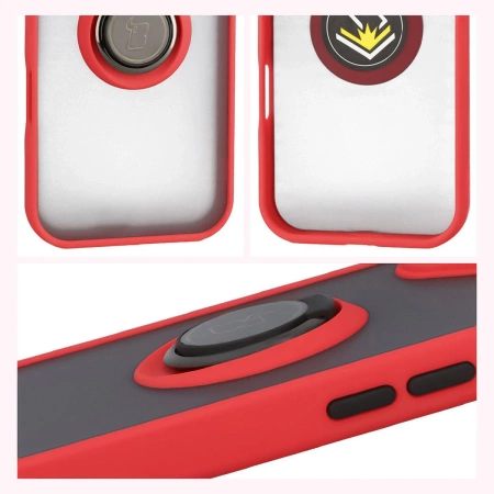 Etui z uchwytem na palec Bizon Case Hybrid Ring do iPhone 17, przydymione z czerwoną ramką