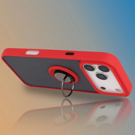 Etui z uchwytem na palec Bizon Case Hybrid Ring do iPhone 17 Pro Max, przydymione z czerwoną ramką