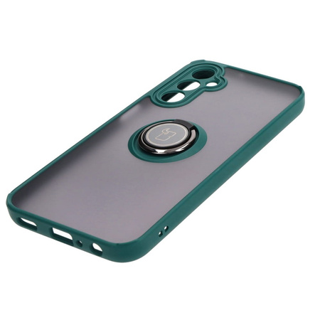 Etui z uchwytem na palec Bizon Case Hybrid Ring do Galaxy A24 4G, przydymione z ciemnozieloną ramką