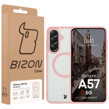 Etui z pierścieniem magnetycznym Bizon Case MatteO do Galaxy A57 5G, przydymione-jasnoróżowe