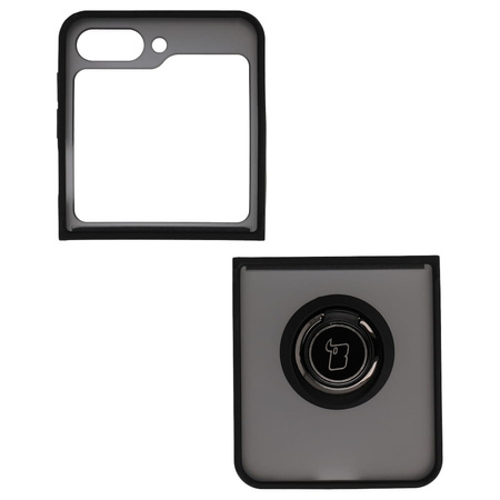 Etui z uchwytem na palec Bizon Case Hybrid Ring do Galaxy Z Flip5, przydymione z czarną ramką