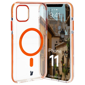 Etui z pierścieniem magnetycznym Bizon Case Marco do iPhone 11, przezroczyste z pomarańczową ramką