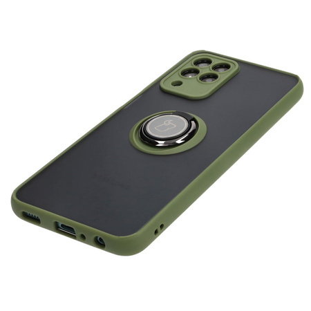 Etui z uchwytem na palec Bizon Case Hybrid Ring do Galaxy M33 5G, przydymione z zieloną ramką