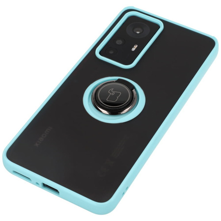 Etui z uchwytem na palec Bizon Case Hybrid Ring do Xiaomi 12T / 12T Pro, przydymione z jasnoniebieską ramką