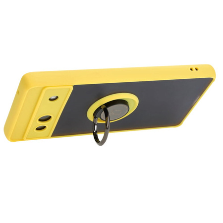 Etui z uchwytem na palec Bizon Case Hybrid Ring do Google Pixel 7A, przydymione z żółtą ramką