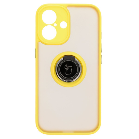 Etui z uchwytem na palec Bizon Case Hybrid Ring do iPhone 16, przydymione z żółtą ramką