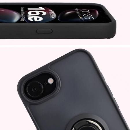Etui z uchwytem na palec Bizon Case Hybrid Ring do iPhone 16e, przydymione z czarną ramką
