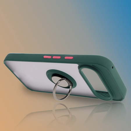 Etui z uchwytem na palec Bizon Case Hybrid Ring do Google Pixel 9 / 9 Pro, przydymione z ciemnozieloną ramką