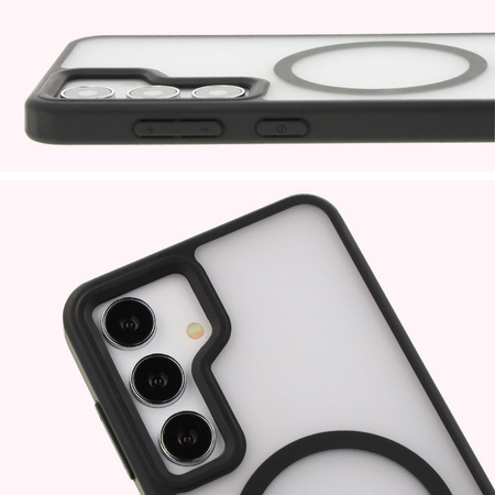 Etui z pierścieniem magnetycznym Bizon Case MatteO do Galaxy S24, półprzezroczyste z czarną ramką