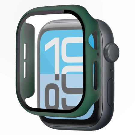 Etui ze szkłem do zegarka Bizon Case Watch Adamo do Apple Watch SE 3 / SE 2 / SE / 6 / 5 / 4 (44 mm), matowe ciemnozielone